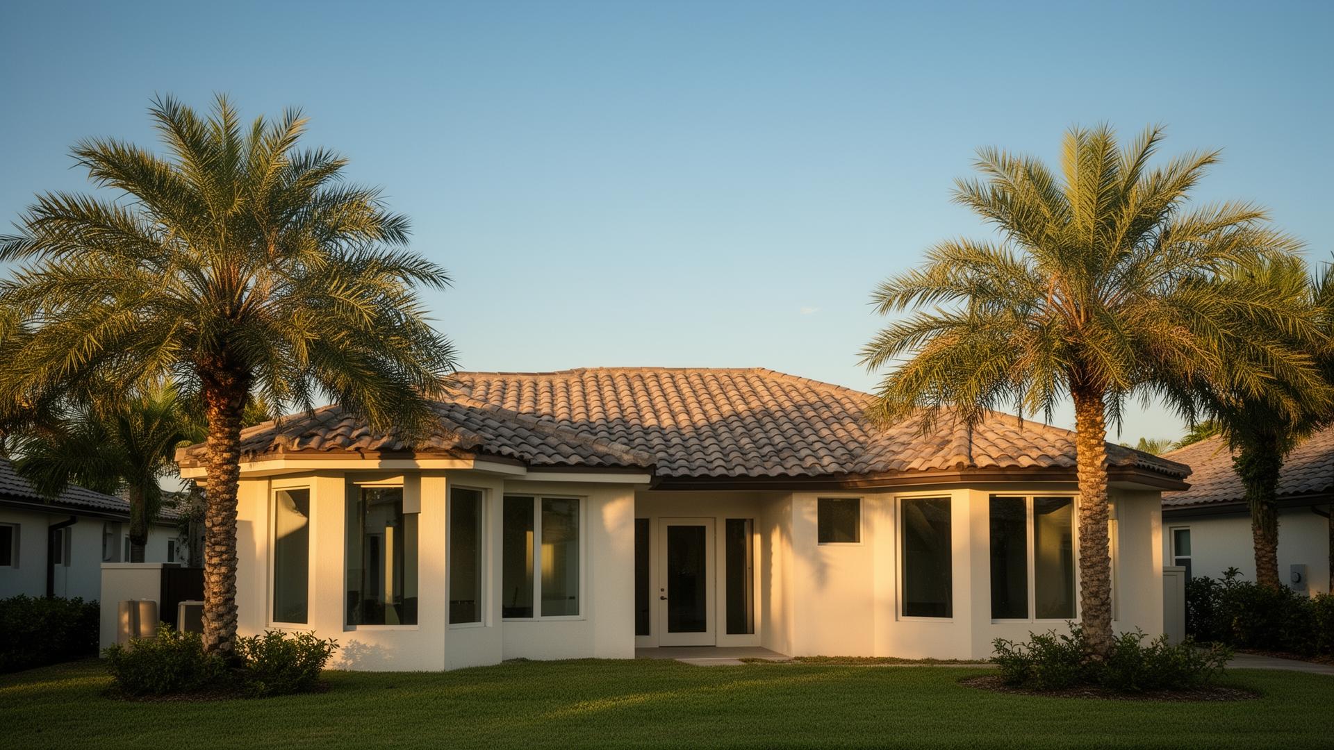 Modern Florida single-story home framed by palm trees at golden hour