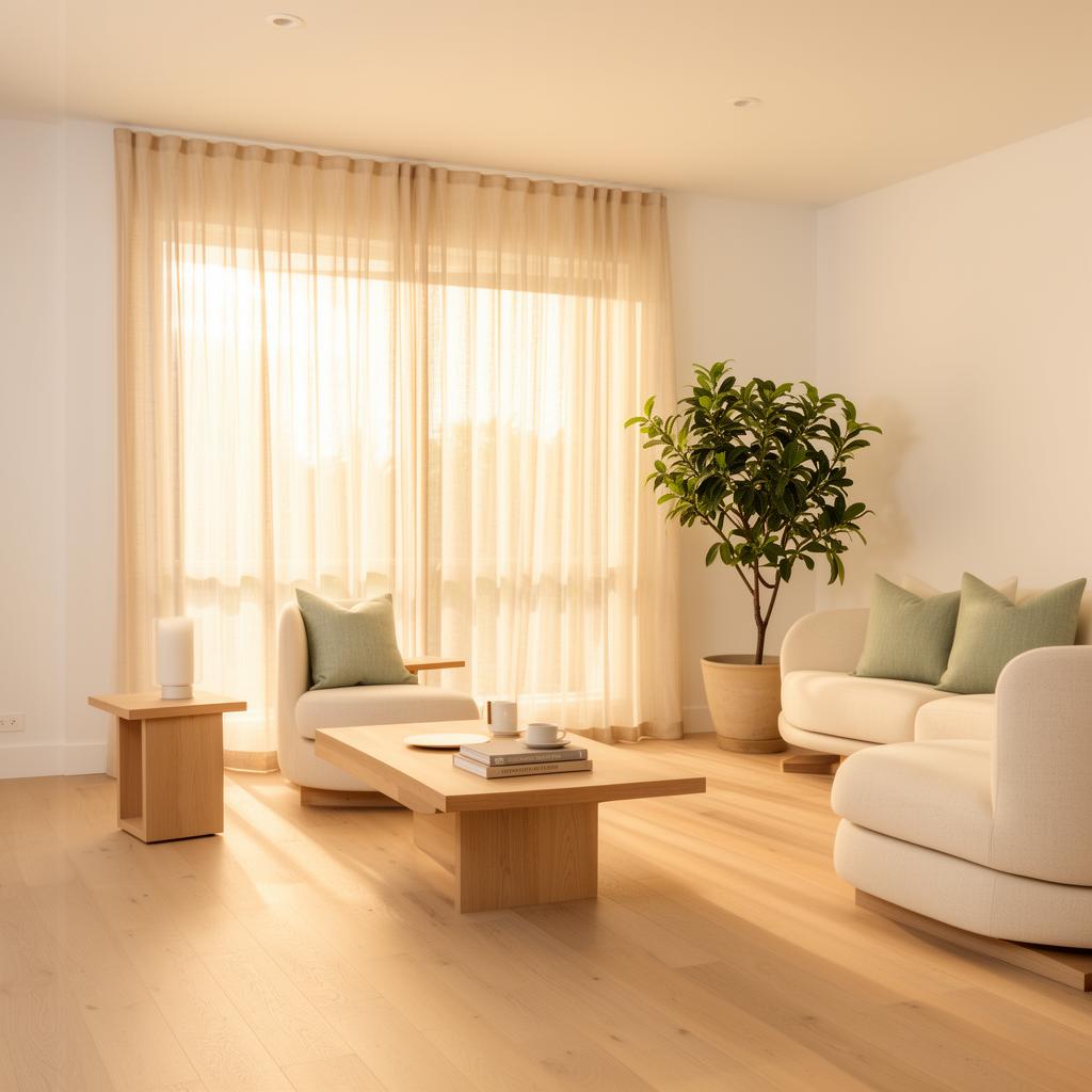 Sunlit Florida living room with sheer linen curtains